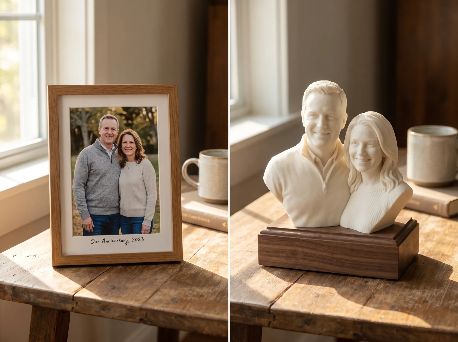Photograph of a couple placed next to the hand-painted sculpture made from it