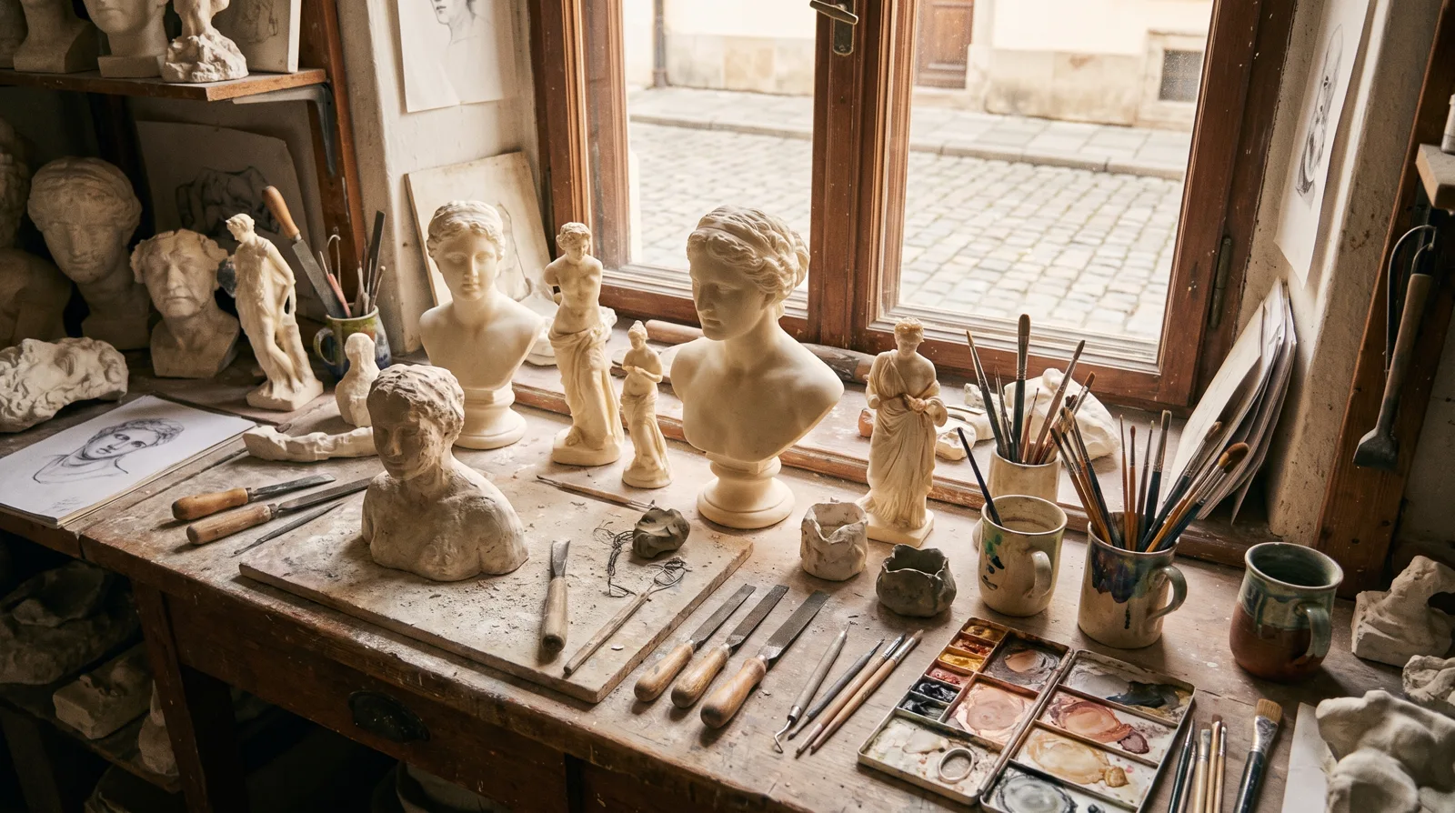 Workbench in our European atelier with hand-painted busts in progress