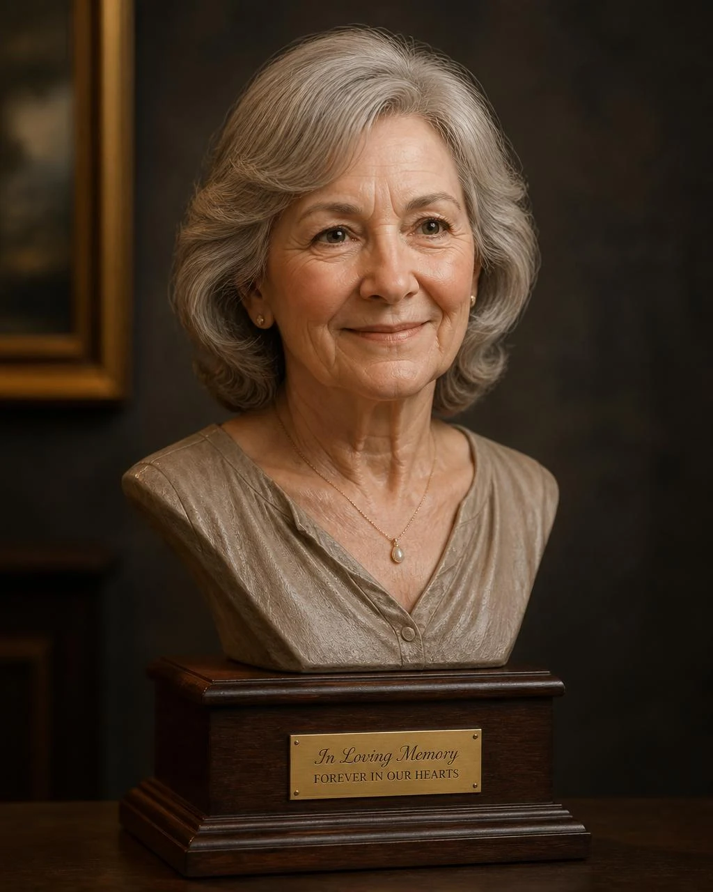 Memorial portrait bust in a restrained matte finish on an oak base. Bust, 9.5″ (24 cm), restrained matte finish, oak base